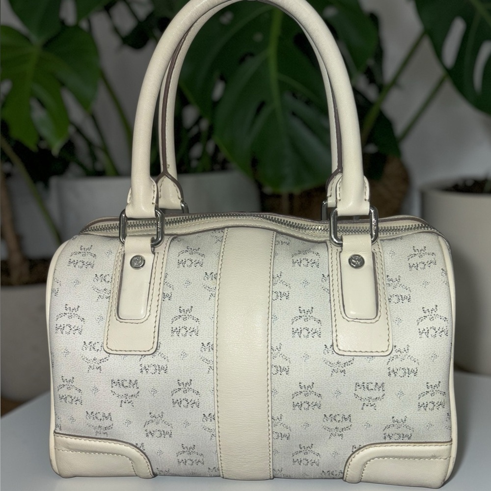 MCM Cream Logo Satchel with Gold Plaque and Charm - Picture 5 of 11